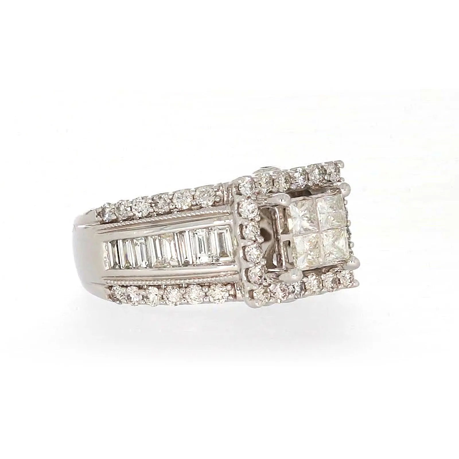 New York 14ct White Gold Princess & Baguette & Round Brilliant Cut 2 CARAT tw of Diamonds Ring