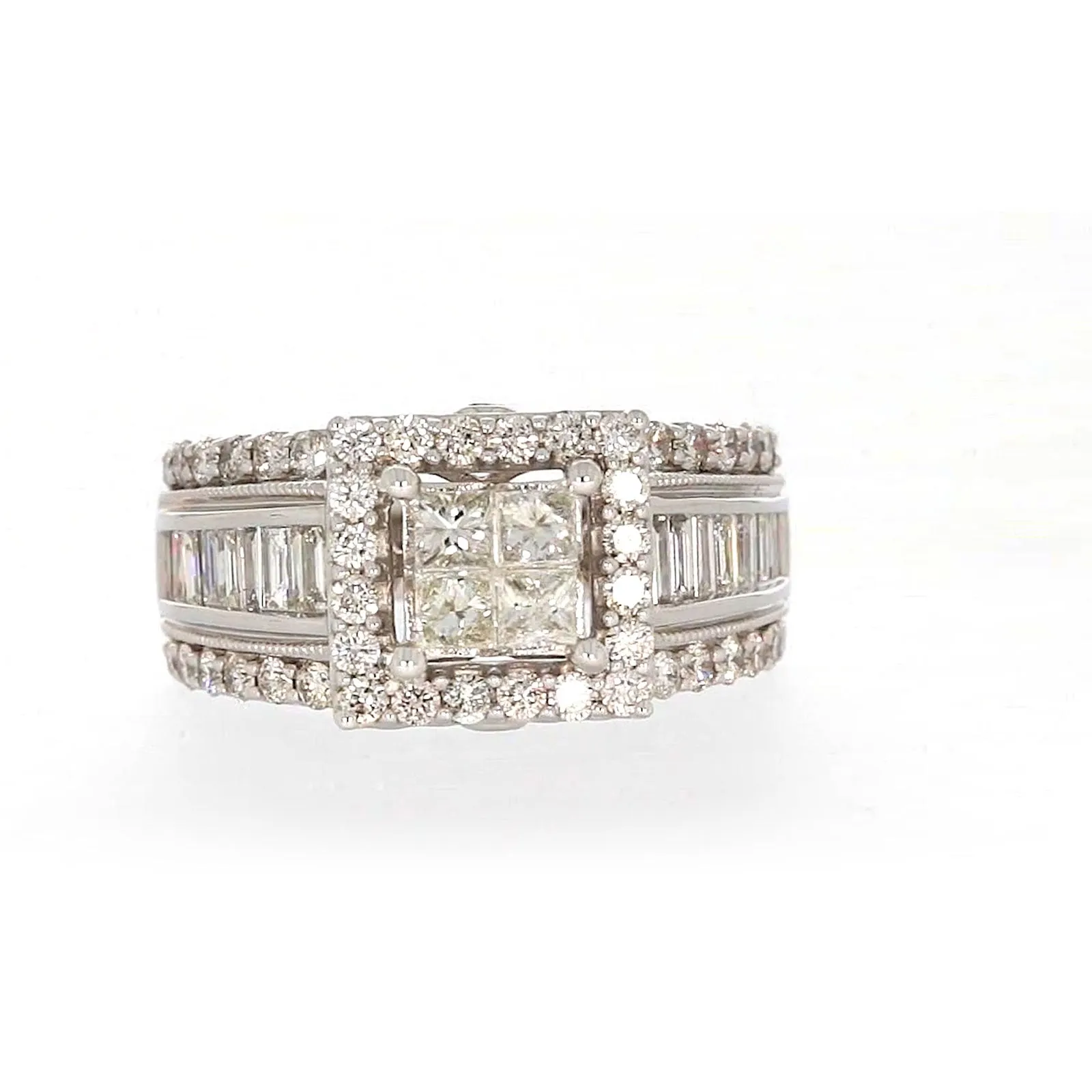 New York 14ct White Gold Princess & Baguette & Round Brilliant Cut 2 CARAT tw of Diamonds Ring