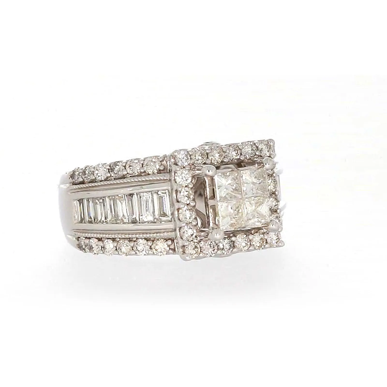 New York 14ct White Gold Princess & Baguette & Round Brilliant Cut 2 CARAT tw of Diamonds Ring