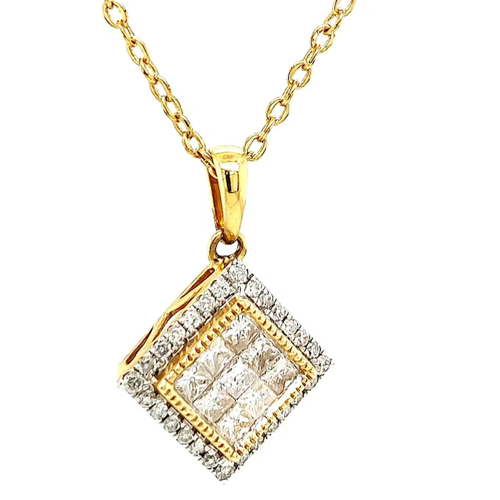 New York 14ct Yellow Gold Princess & Round Brilliant Cut 3/4 CARAT tw of Diamonds Pendant