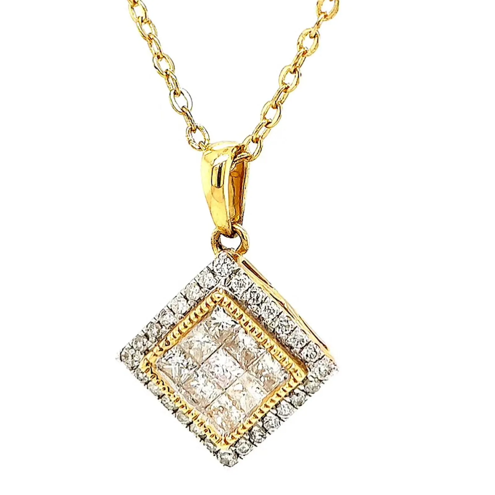 New York 14ct Yellow Gold Princess & Round Brilliant Cut 3/4 CARAT tw of Diamonds Pendant