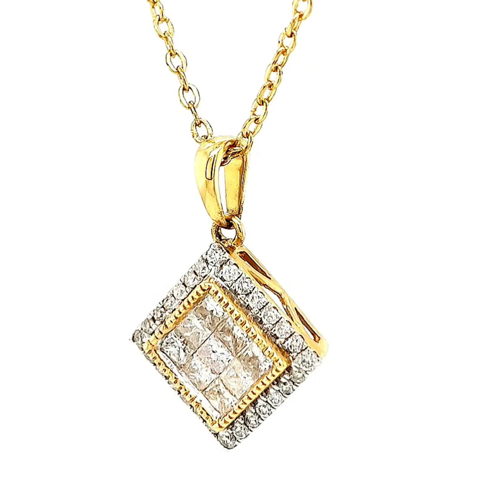 New York 14ct Yellow Gold Princess & Round Brilliant Cut 3/4 CARAT tw of Diamonds Pendant