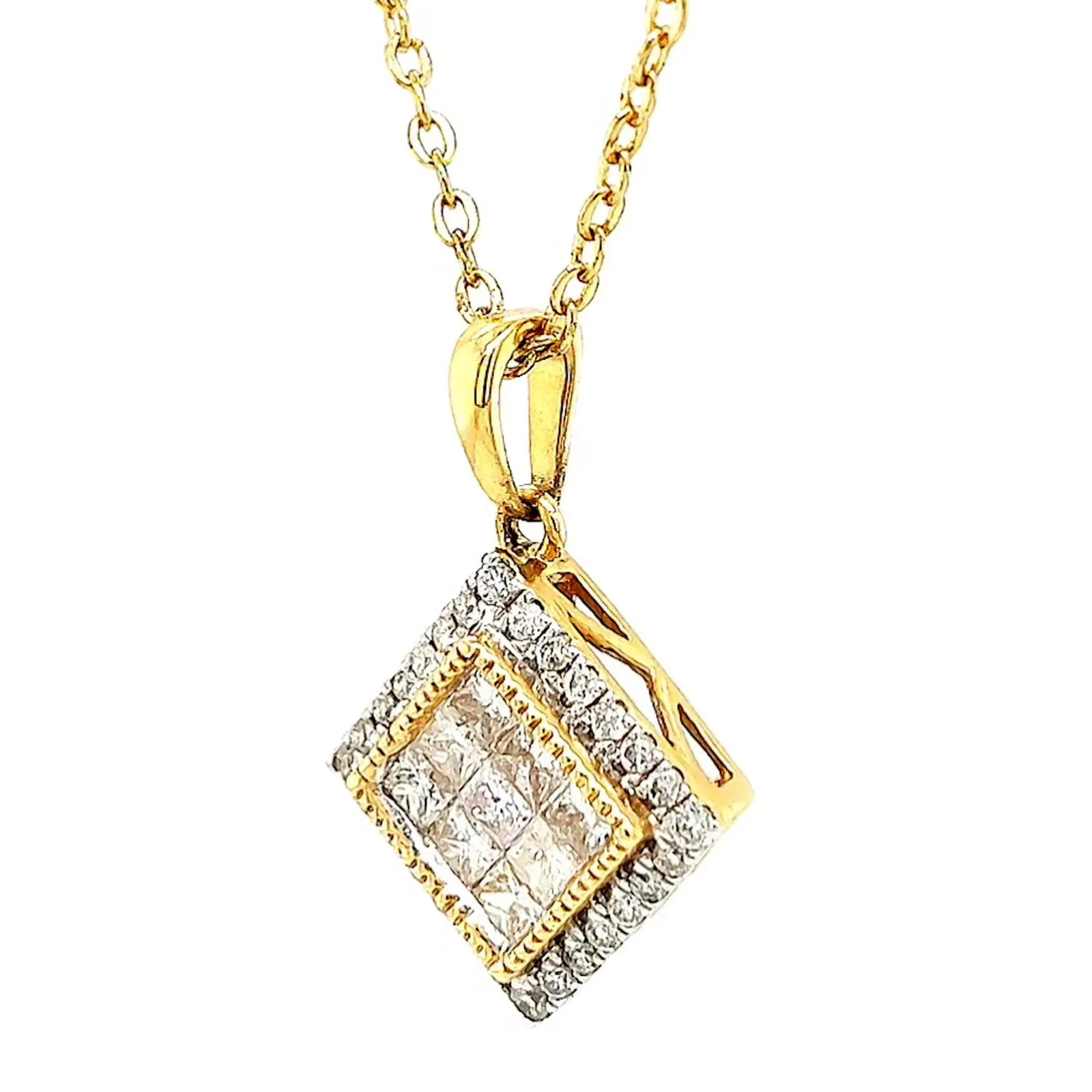 New York 14ct Yellow Gold Princess & Round Brilliant Cut 3/4 CARAT tw of Diamonds Pendant