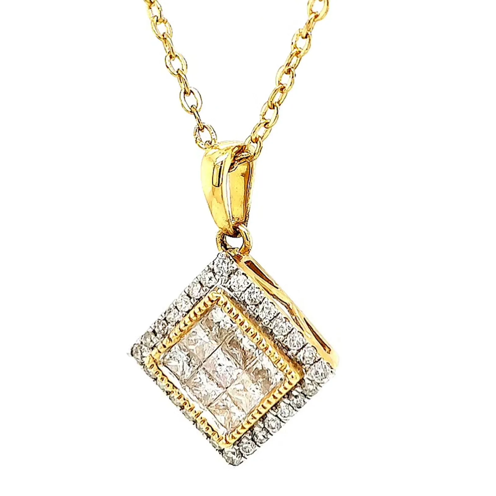 New York 14ct Yellow Gold Princess & Round Brilliant Cut 3/4 CARAT tw of Diamonds Pendant
