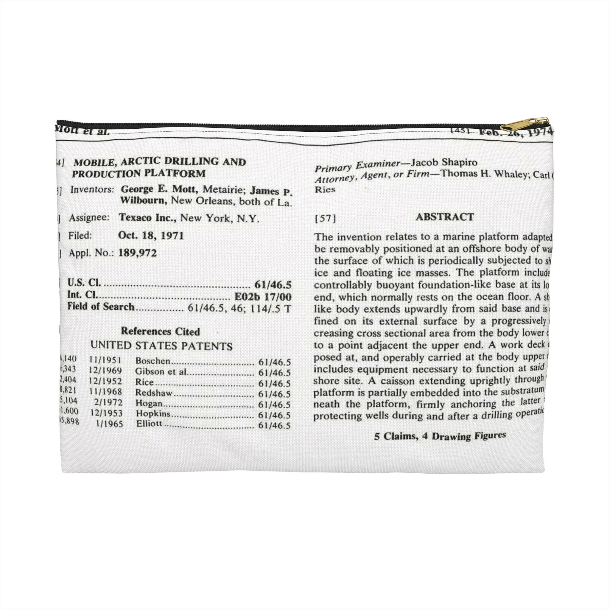 Patent Case File No. 3,793,840, Mobile Arctic Drilling and Production Platform, Inventor(s)- George E. Mott and James P. Wilbourn. - DPLA - 8f260bf2cd8926afbf4da017454f39b3 (page 6) Large Organizer Pouch with Black Zipper