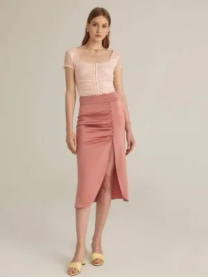 Premium Ruched Waistband Buttoned Front Split Thigh Skirt