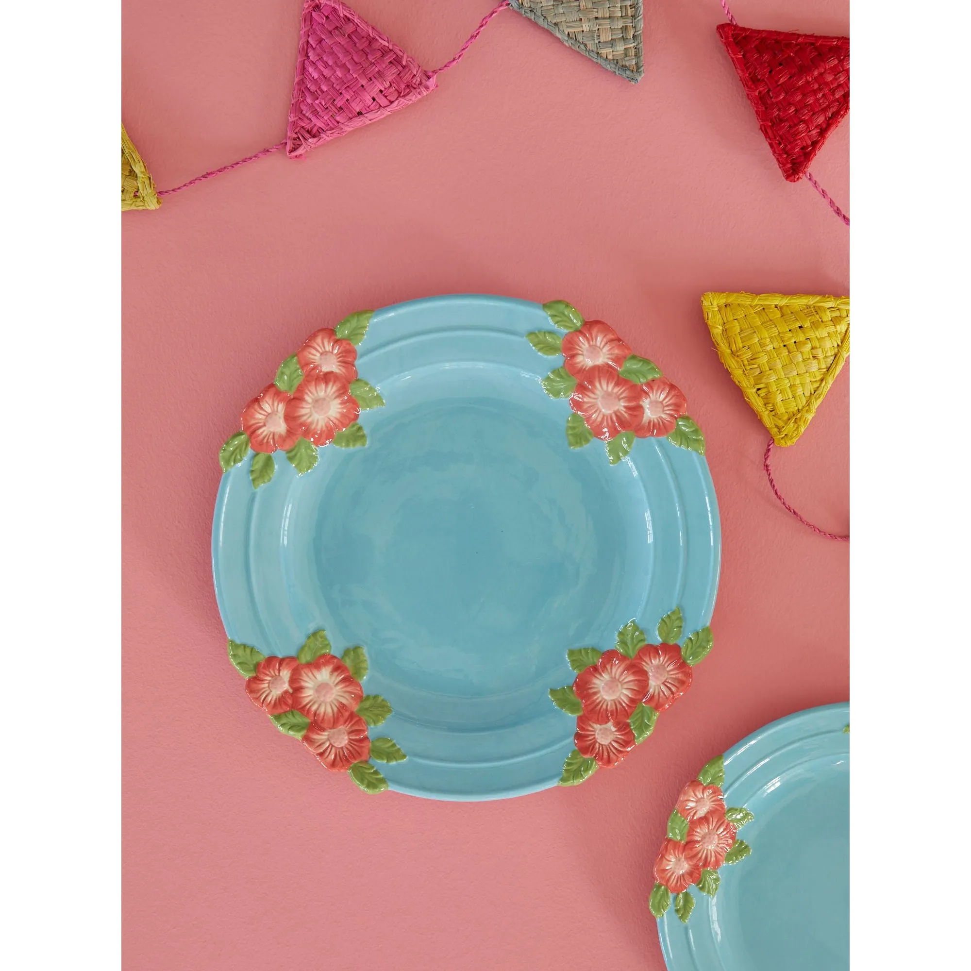 Rice DK Ceramic Dinner Plate with Embossed Flower Design - Soft Blue