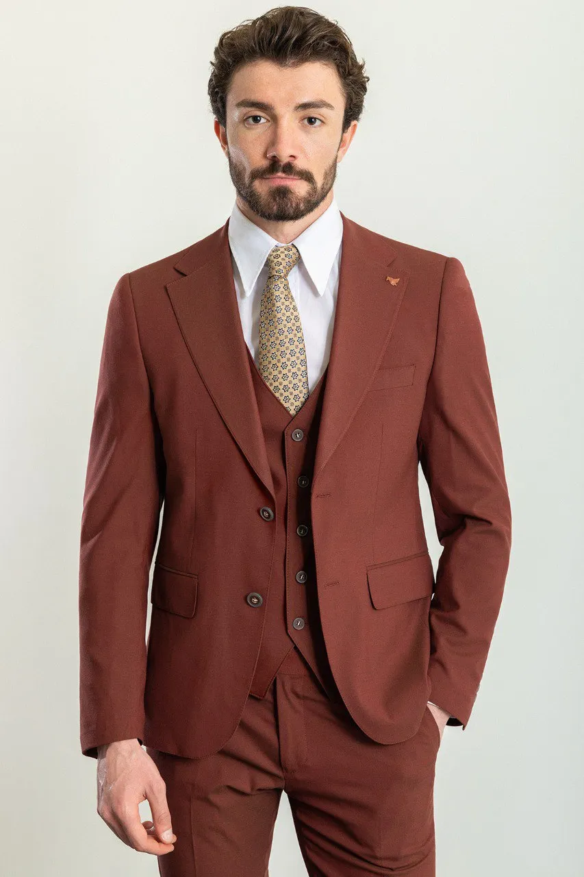 Rust Brown Slim Fit Notch Lapel 3 Piece Suit for Men | GentWith