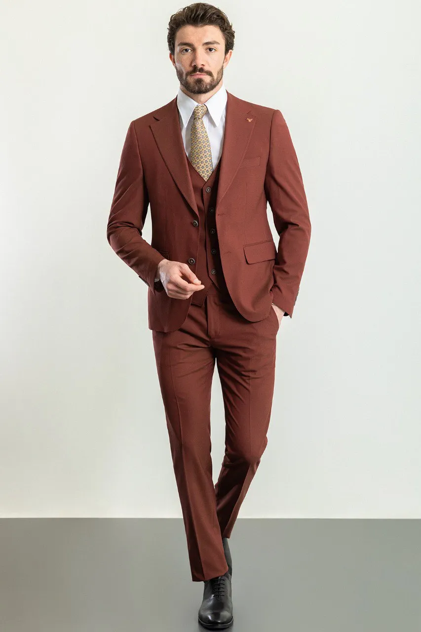 Rust Brown Slim Fit Notch Lapel 3 Piece Suit for Men | GentWith