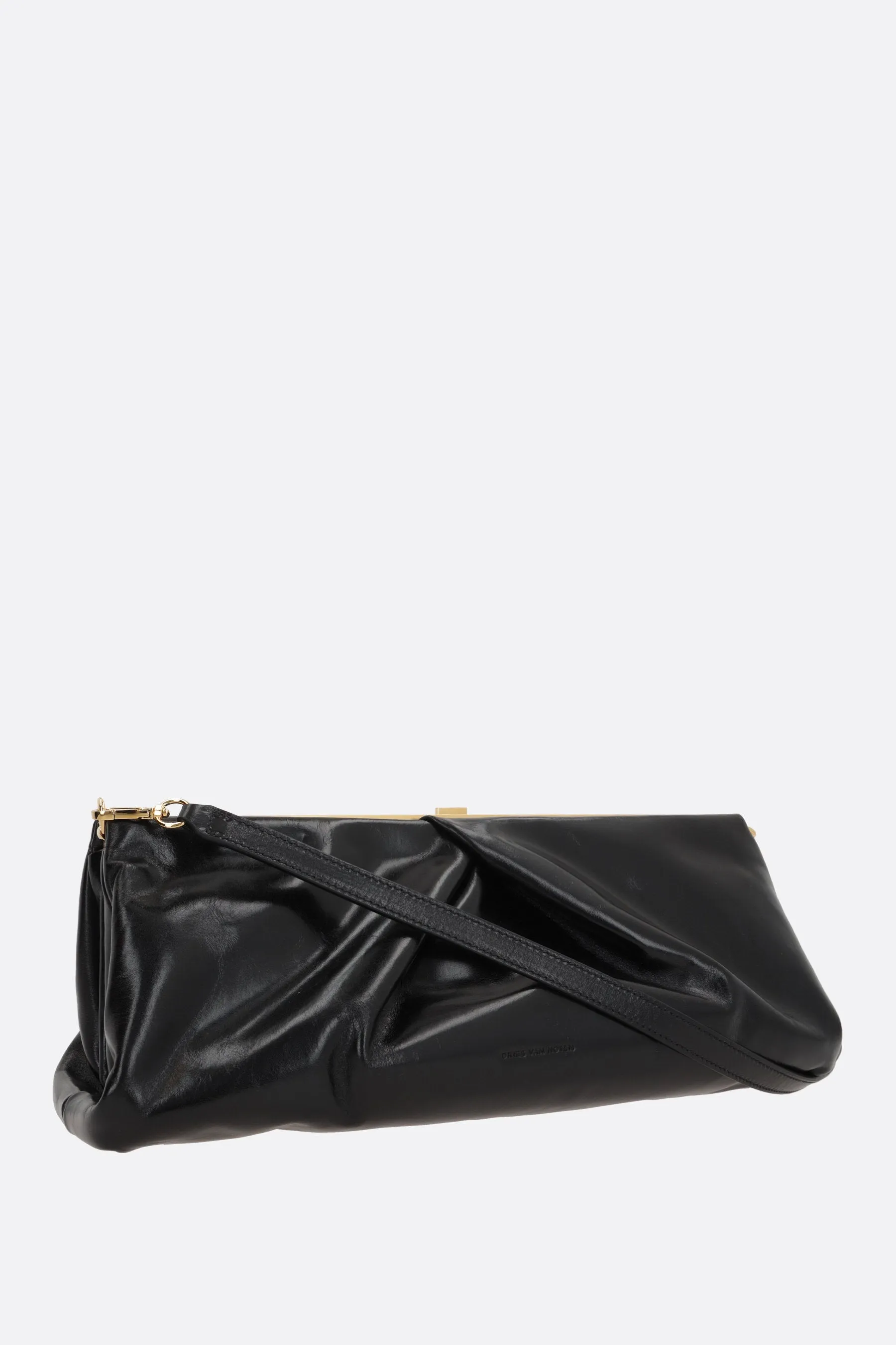 shiny leather clutch with draped details