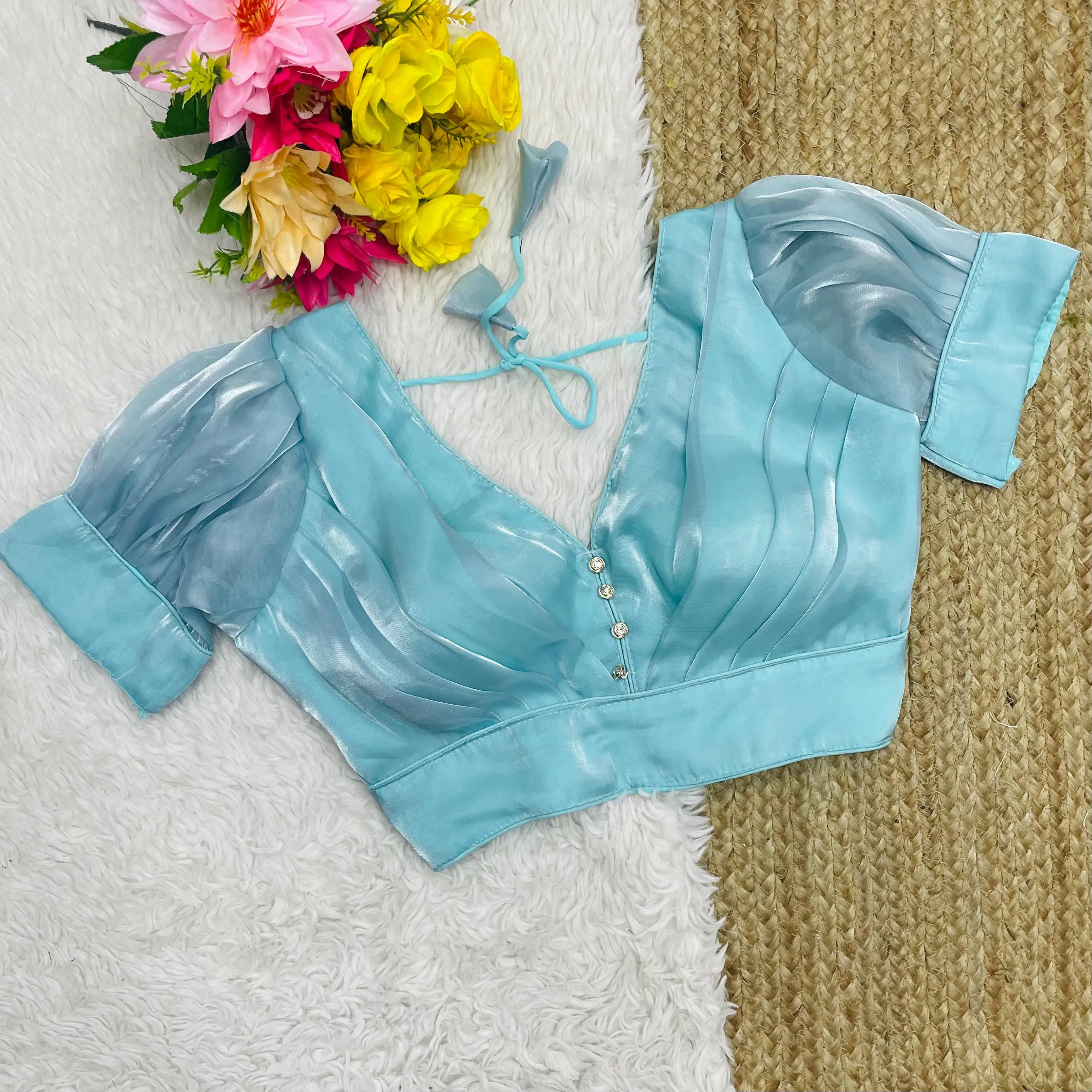 Sky Blue Glamorous Ruffled Metallic Jimmy Choo Blouse