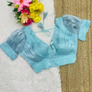 Sky Blue Glamorous Ruffled Metallic Jimmy Choo Blouse