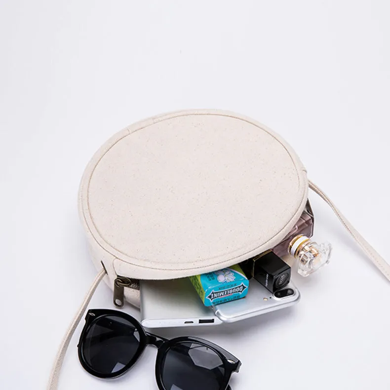 Small Ladies Plain Canvas Crossbody Bag Circle Purse For Women