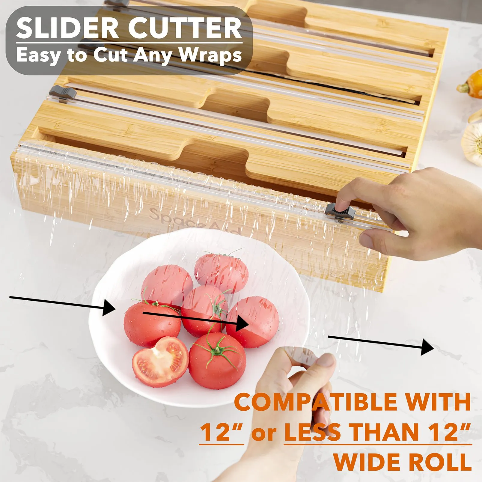 SpaceAid WrapNeat 4 in 1 Kitchen Dispenser Paper Foil Cling Wrap Organizer with Cutter and Labels, Compatible with 12" Roll