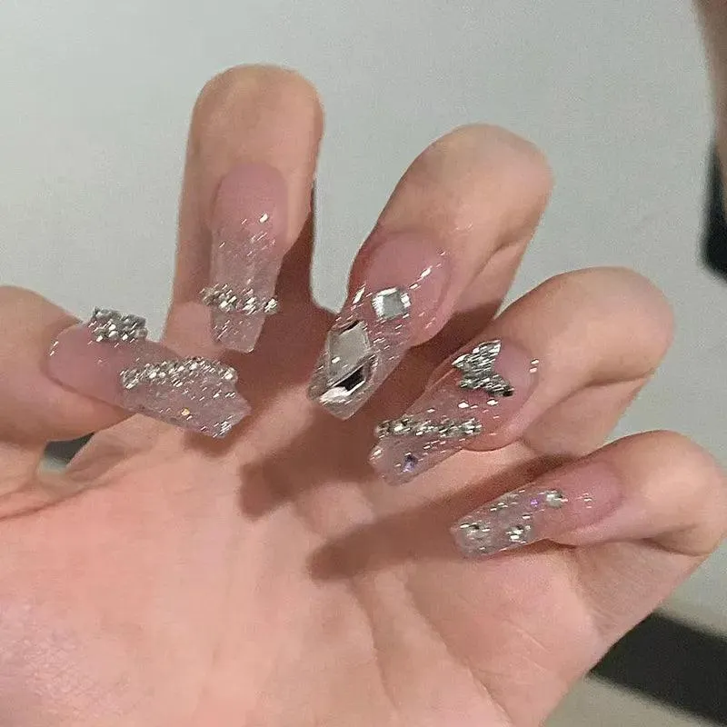 Sparkling Diamond False Nails Set: Glamorous 3D Designs