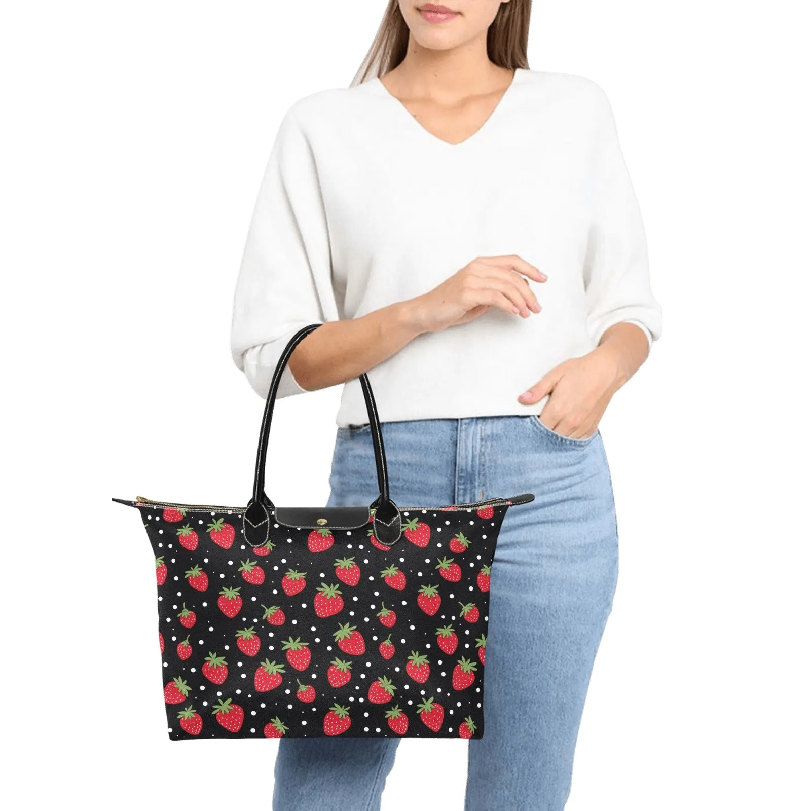 Strawberry Purse Handbag Women, Red Black Print Canvas and Leather Tote Cute Designer Accessory Bag Gift Ladies Purse
