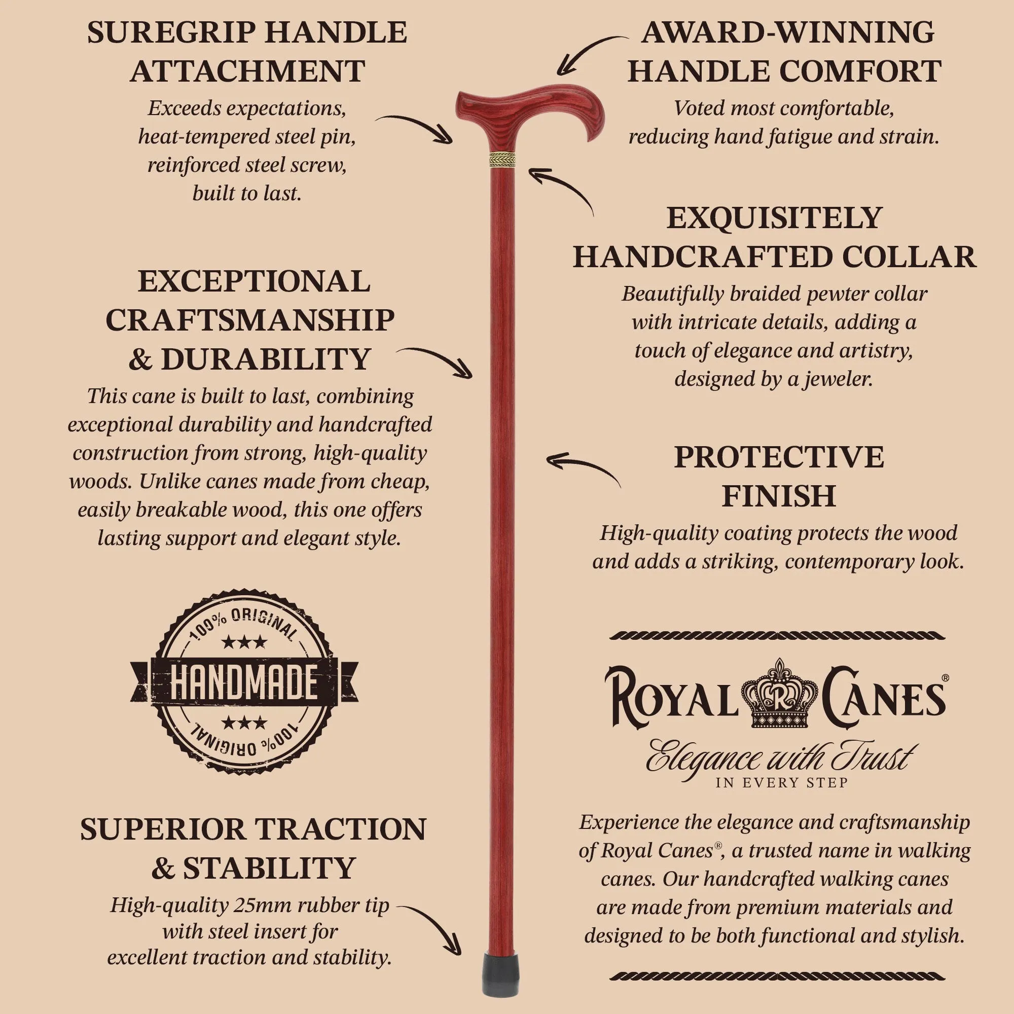 Striking Mahogany Red Derby Cane: Premium Natural Ash Wood w/ Pewter Collar