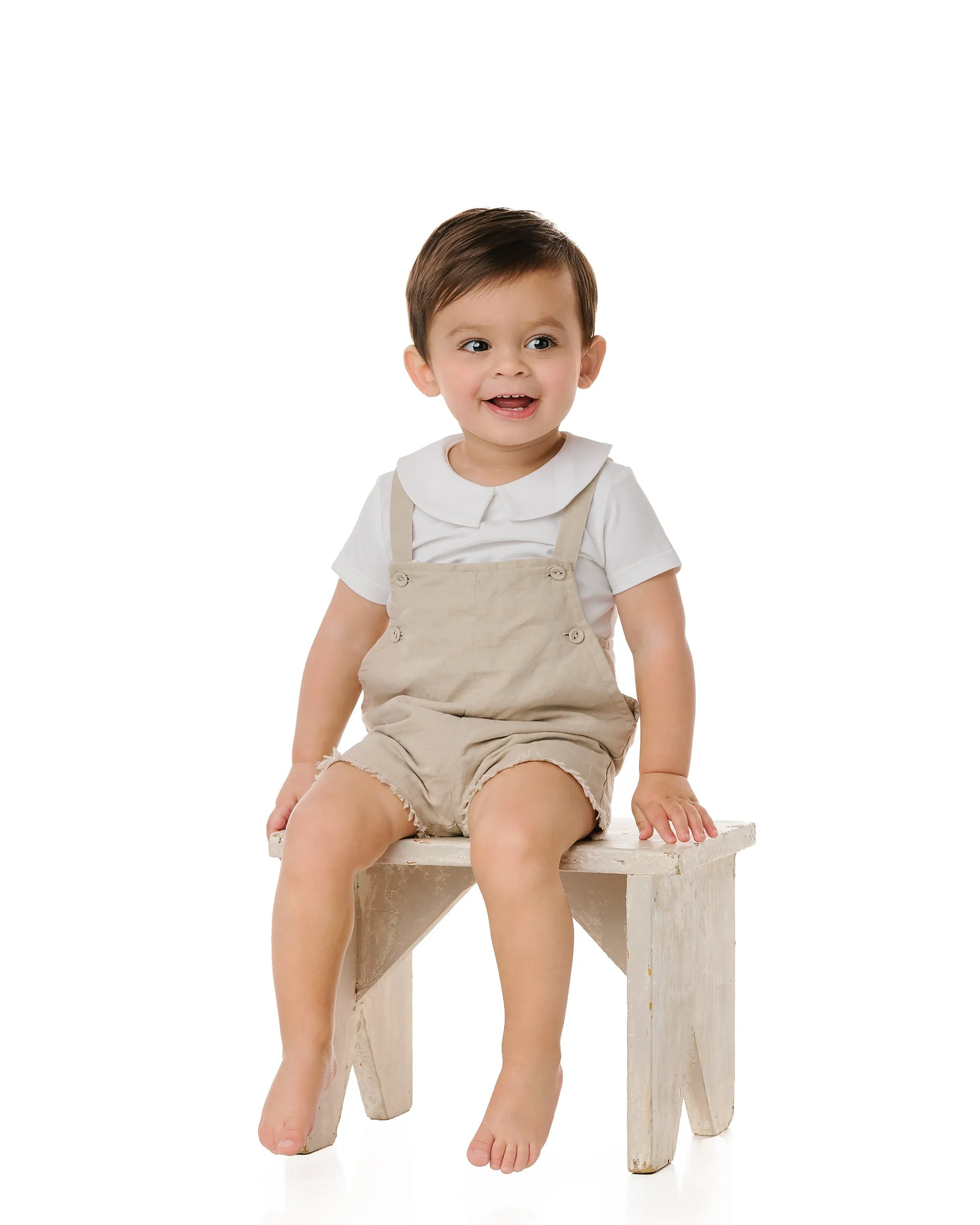 Tan Linen Romper With Frayed Details