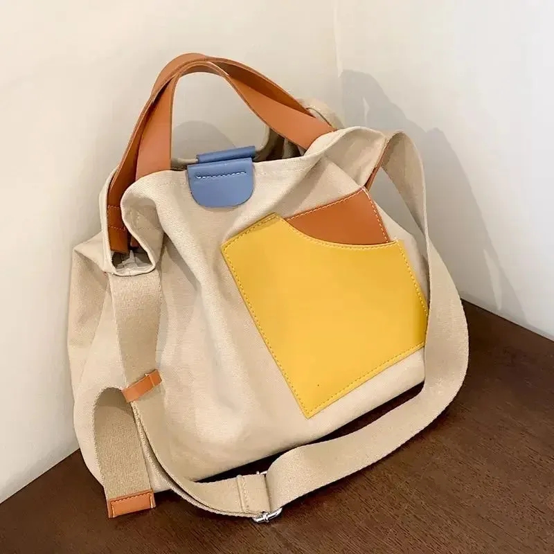 TAVIMART  -  Autumn Large Capacity Canvas Tote Bags Women Contrast Color Bucket Travel Bag Simple Fashion Shopper Shoulder Totes