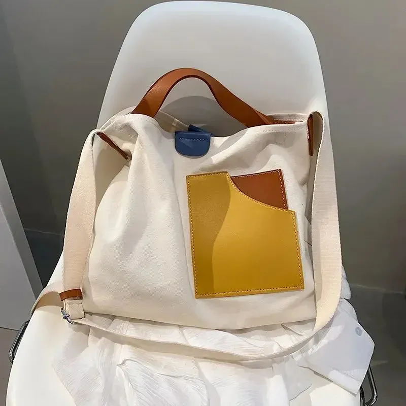 TAVIMART  -  Autumn Large Capacity Canvas Tote Bags Women Contrast Color Bucket Travel Bag Simple Fashion Shopper Shoulder Totes