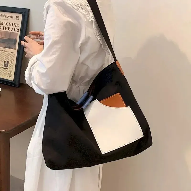 TAVIMART  -  Autumn Large Capacity Canvas Tote Bags Women Contrast Color Bucket Travel Bag Simple Fashion Shopper Shoulder Totes