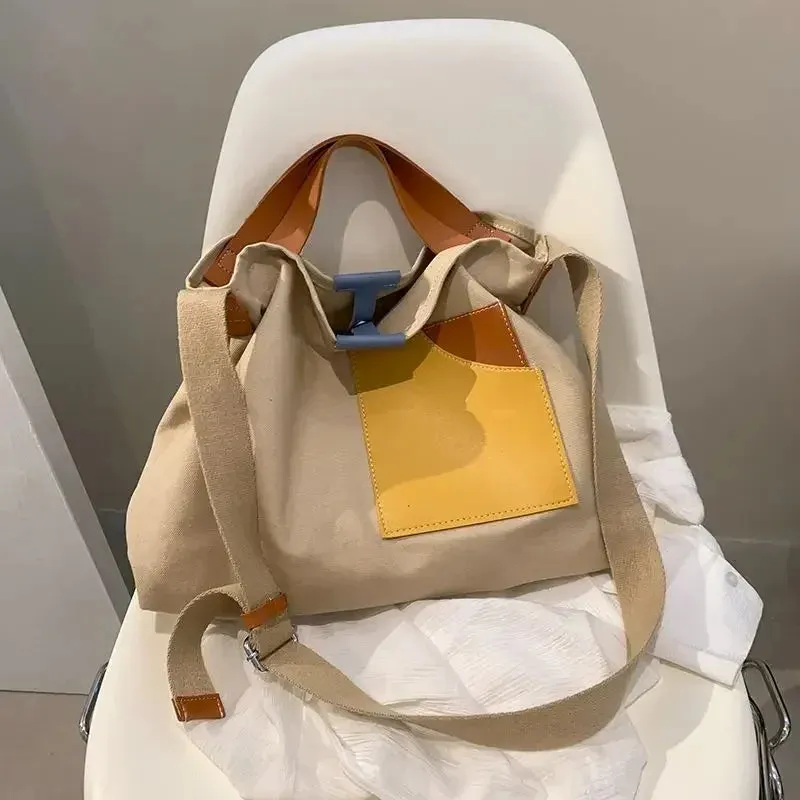 TAVIMART  -  Autumn Large Capacity Canvas Tote Bags Women Contrast Color Bucket Travel Bag Simple Fashion Shopper Shoulder Totes