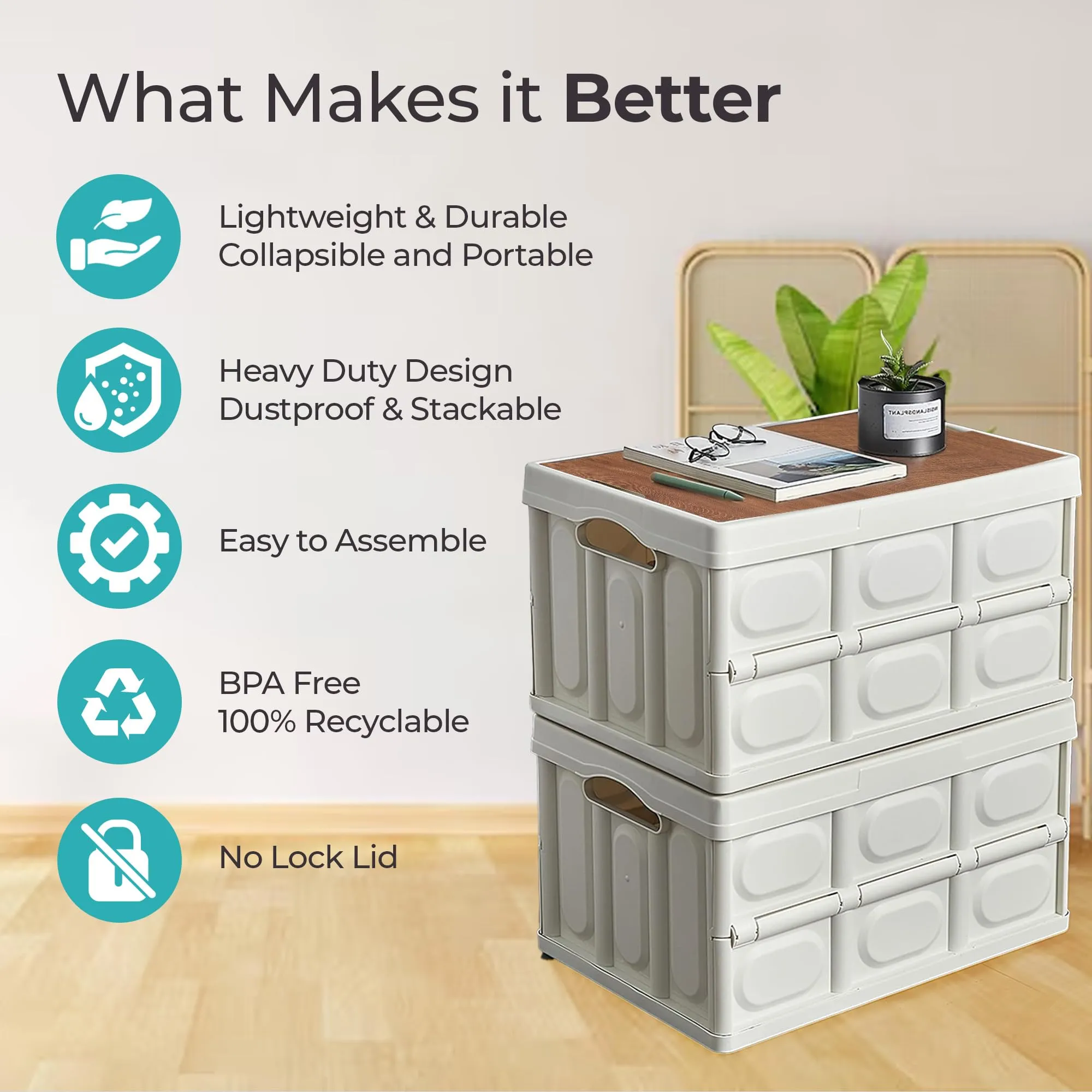 The Better Home Folding Storage Box with Lid | Plastic Organizer Stackable & Collapsible | Underbed Storage Box for Clothing | Closet Organizer - White | 53x36x29cm