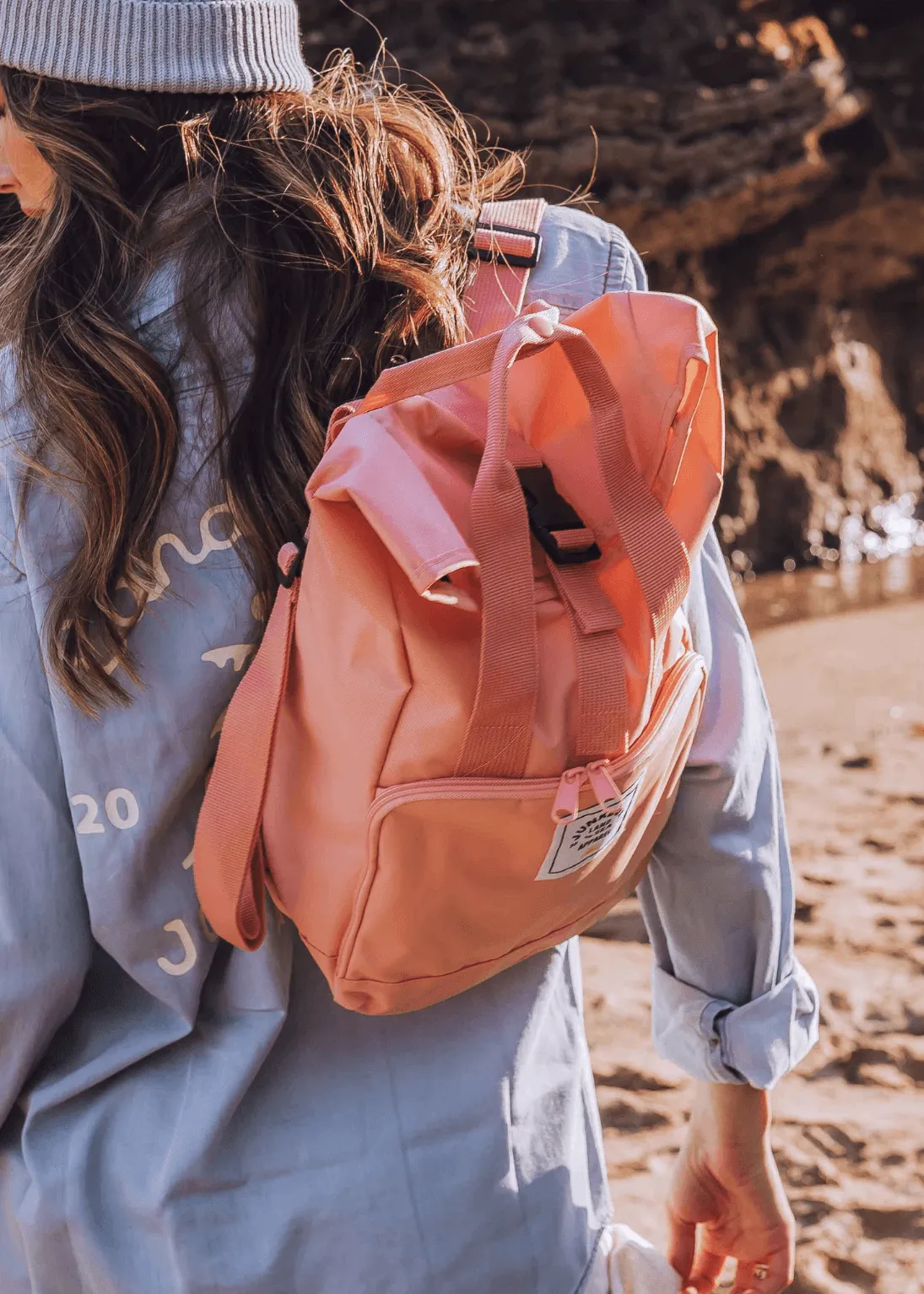 'The Mini' Recycled Roll-Top Backpack in Coral
