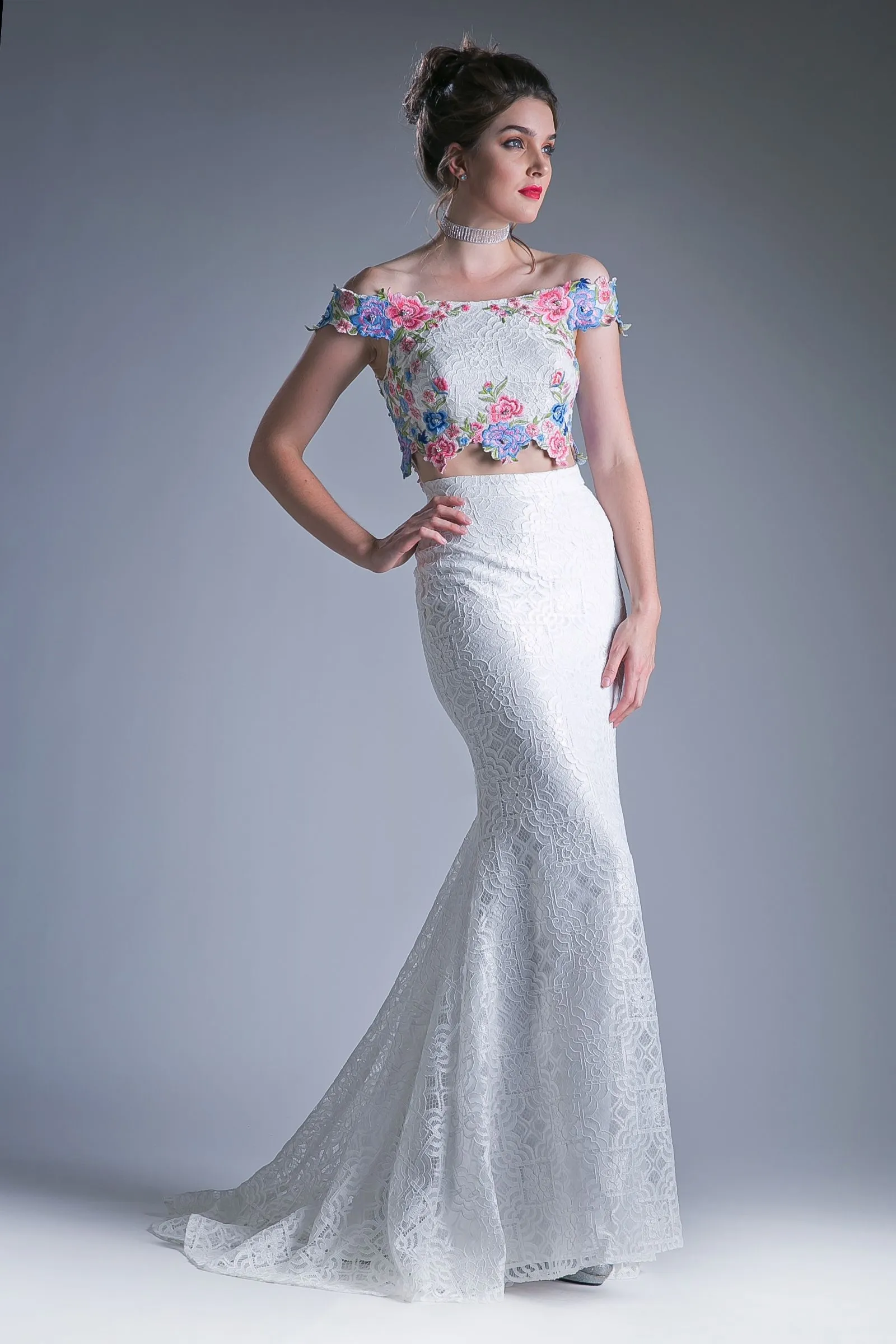Two piece off the shoulder fitted dress with embroidered floral applique