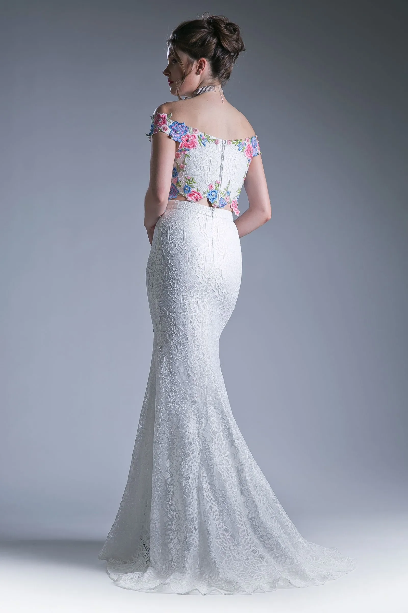 Two piece off the shoulder fitted dress with embroidered floral applique