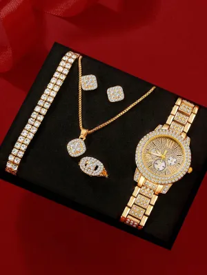 Women Gold Stainless Steel Strap Glamorous Rhinestone 5pc