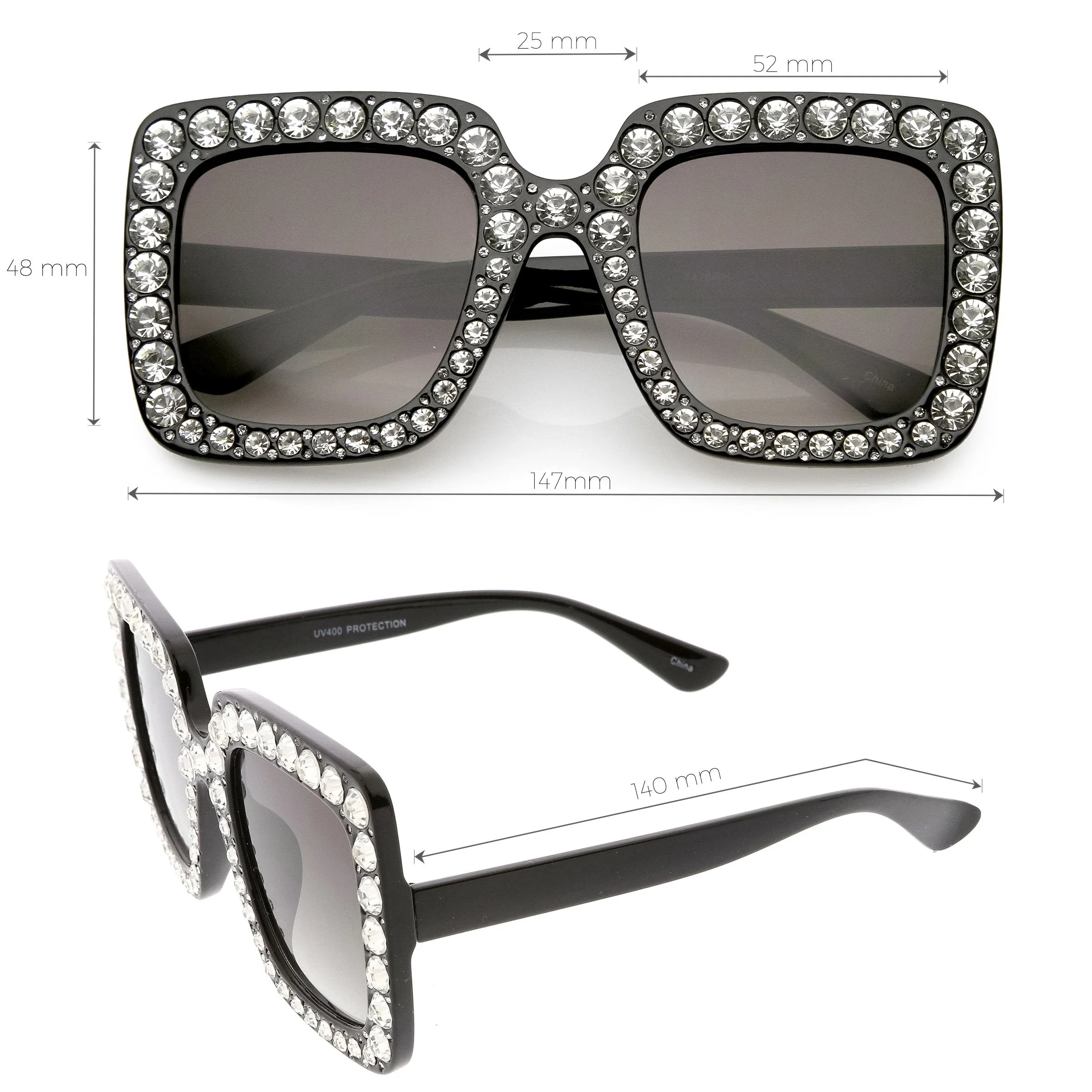 Women's Oversize Glamorous Crystal Rhinestone Square Sunglasses C586